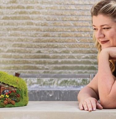 Model home with green grass roof and round blue door